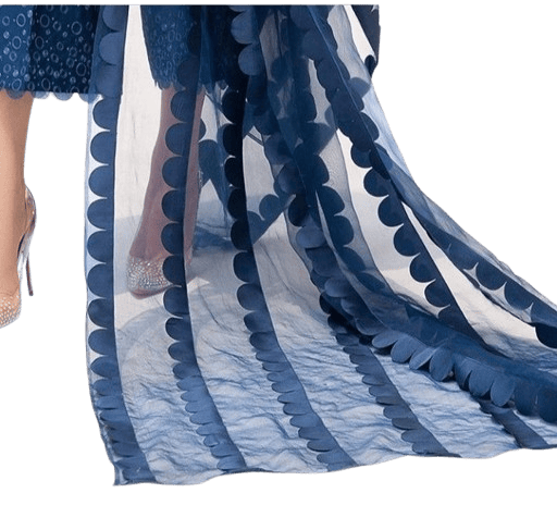 Royal Blue Sheer Organza Dupatta with Circular Appliqué Stitching – Elegant Designer Piece by Mehlish Fashion Brand