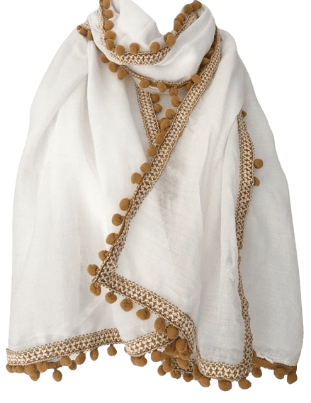 Mehlish Fashion – White Cotton Dupatta with Brown Pom Pom & Handcrafted Border Stitch Detailing