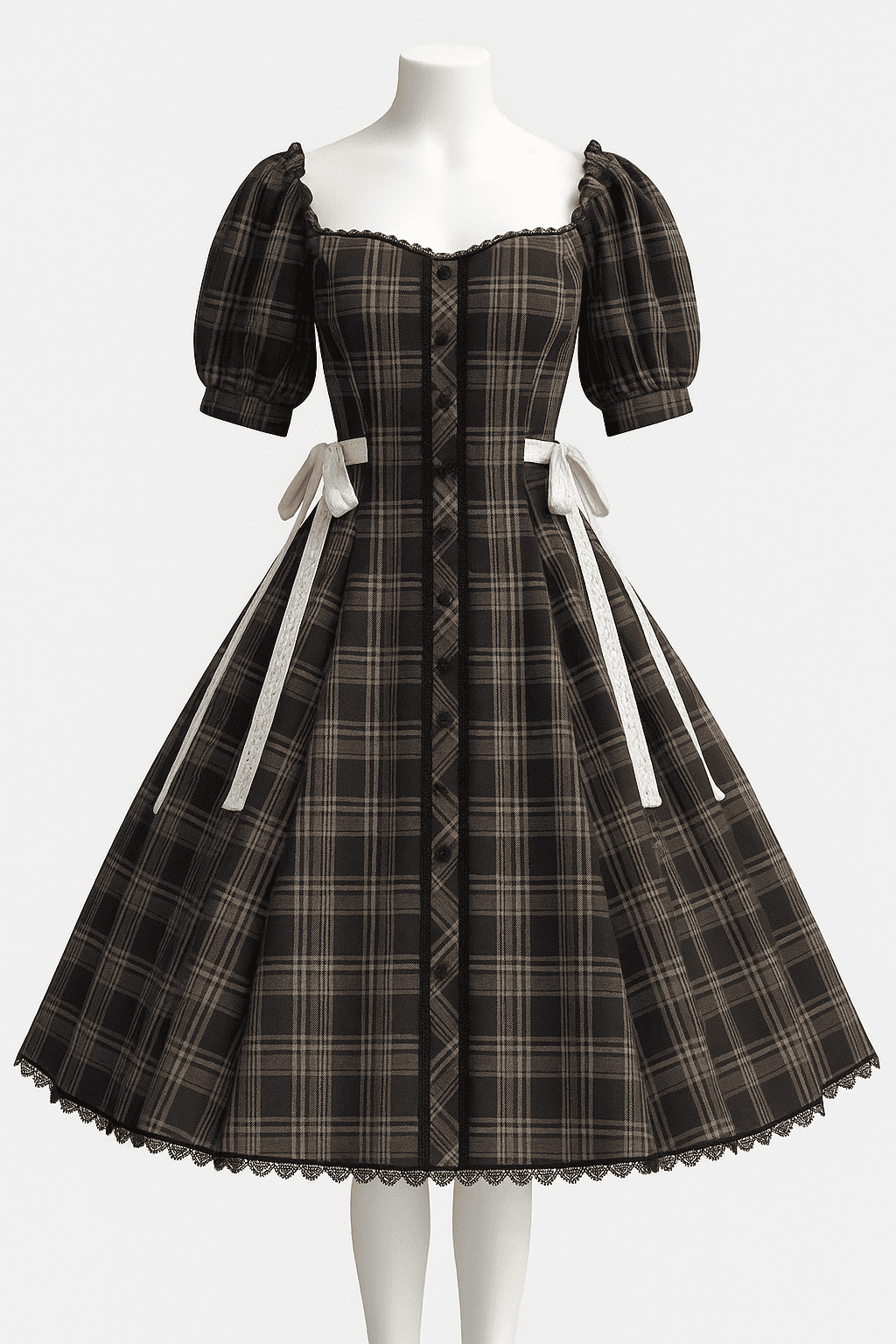 Elegant Vintage Puff Sleeve Checkered Dress with Lace Detailing & Precision Stitching | Mehlish Fashion