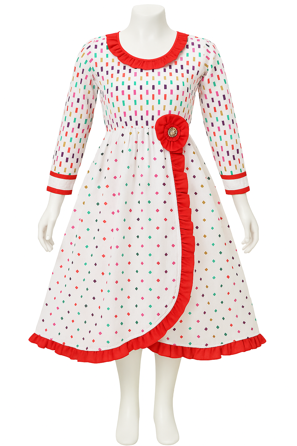 Elegant Multi-Color Polka Long Frock with Red Frill Detailing | Mehlish Fashion Brand
