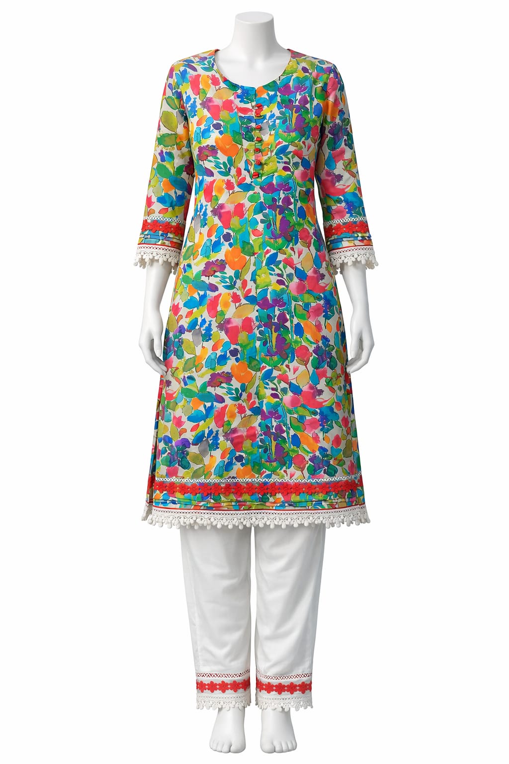 Colorful Floral Kurti with Decorative Lace Stitching | Mehlish Fashion Brand