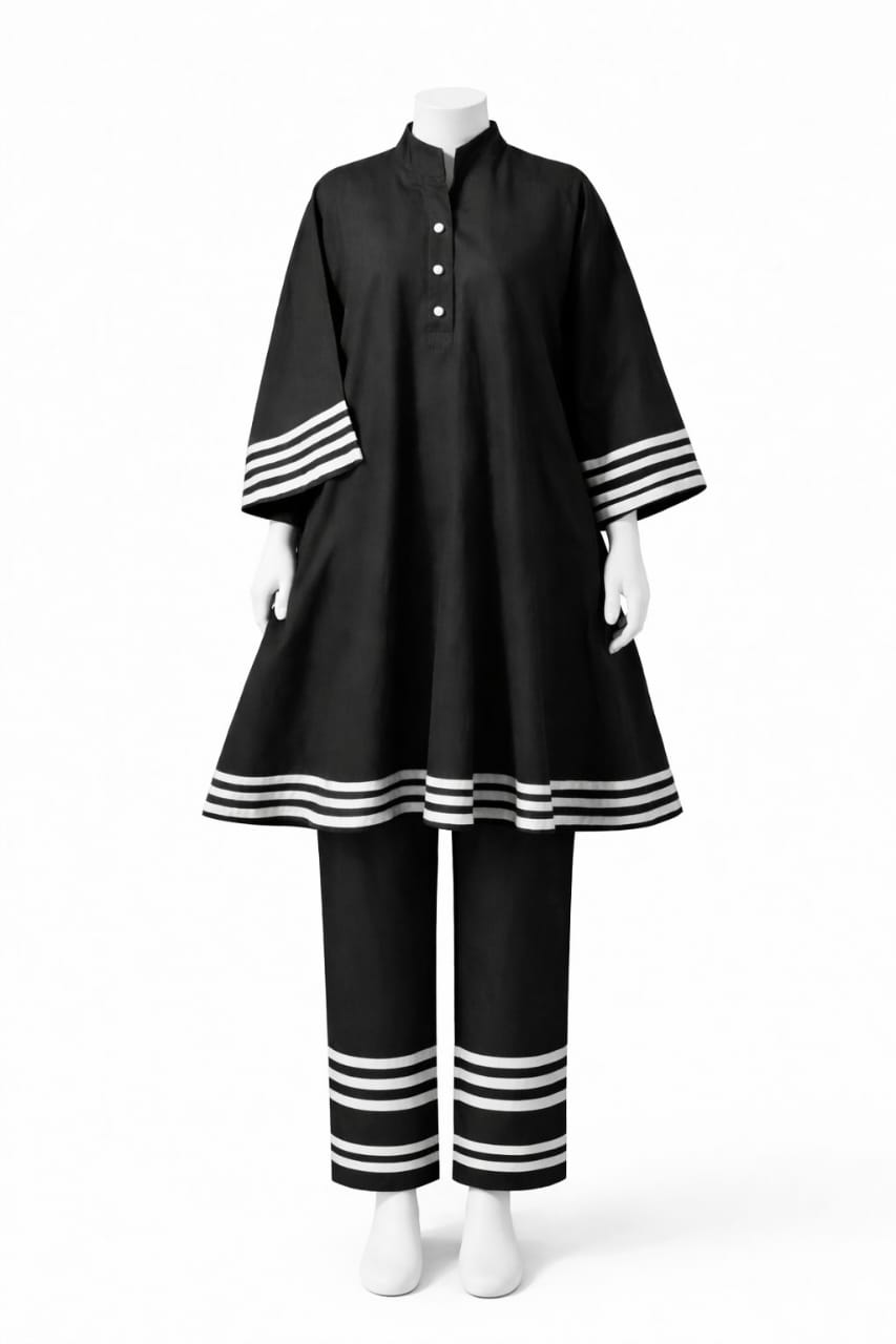 Classic Black Two-Piece Dress with Modern Stripe Stitching | Mehlish Fashion Brand