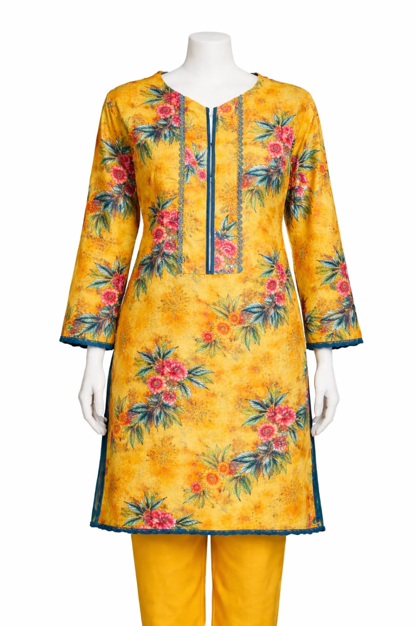 Elegant Yellow Floral Printed Kurti Set with Contrast Stitching – Mehlish Fashion