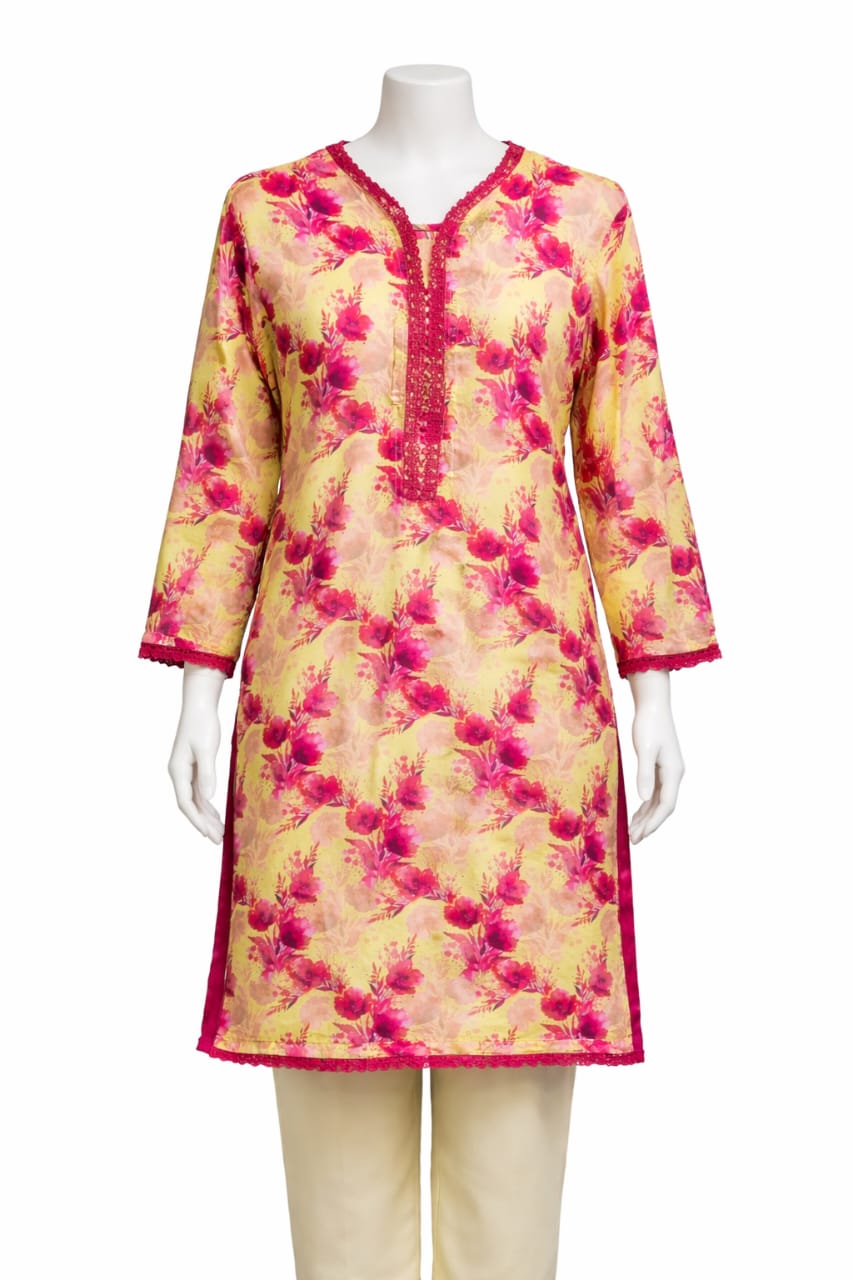 Soft Pink Floral Kurti with Decorative Neck Stitching – Mehlish Fashion