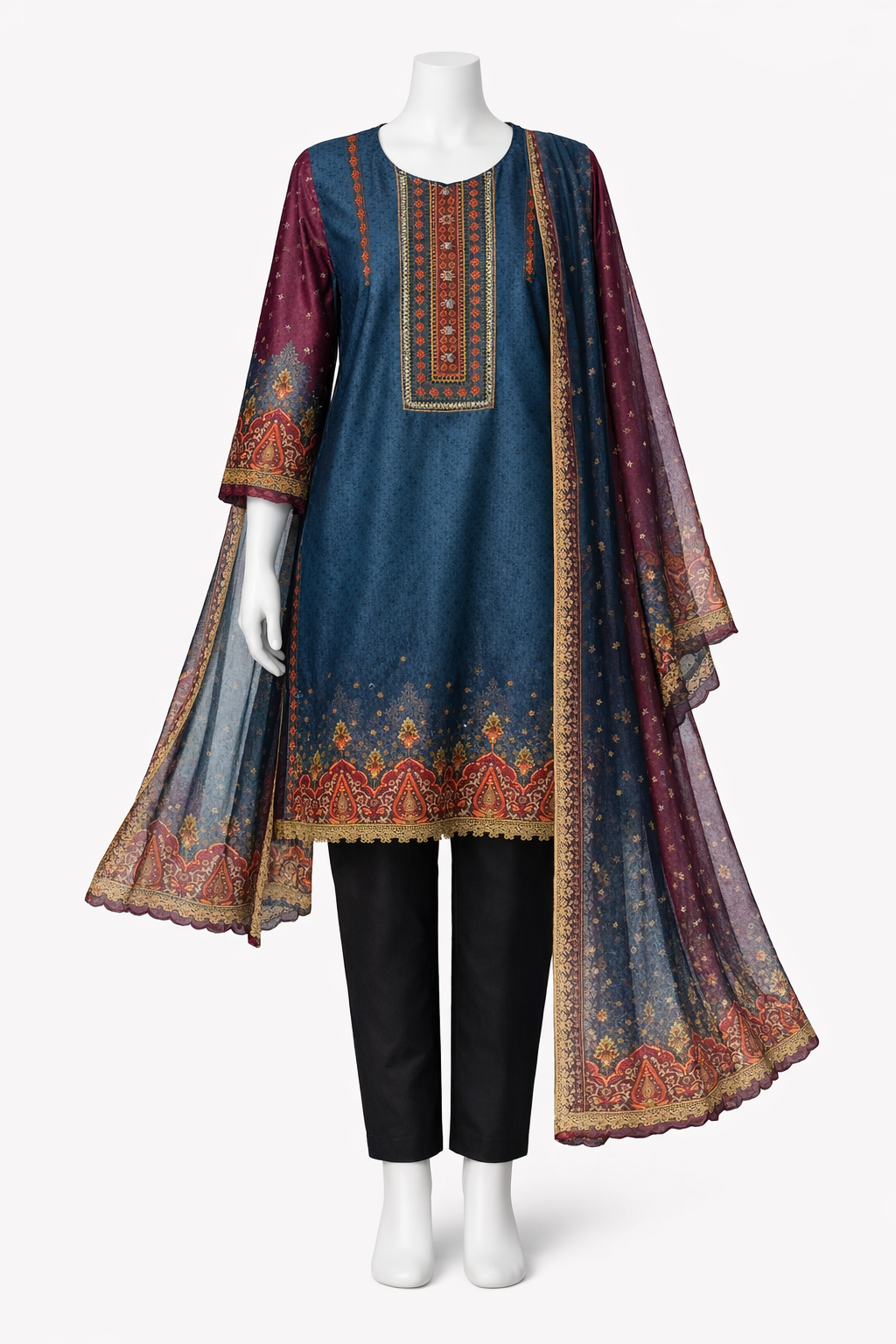 Elegant grey black Ethnic Printed Lawn Suit with Embroidered Neck Panel & lawn Dupatta – Mehlish Fashion