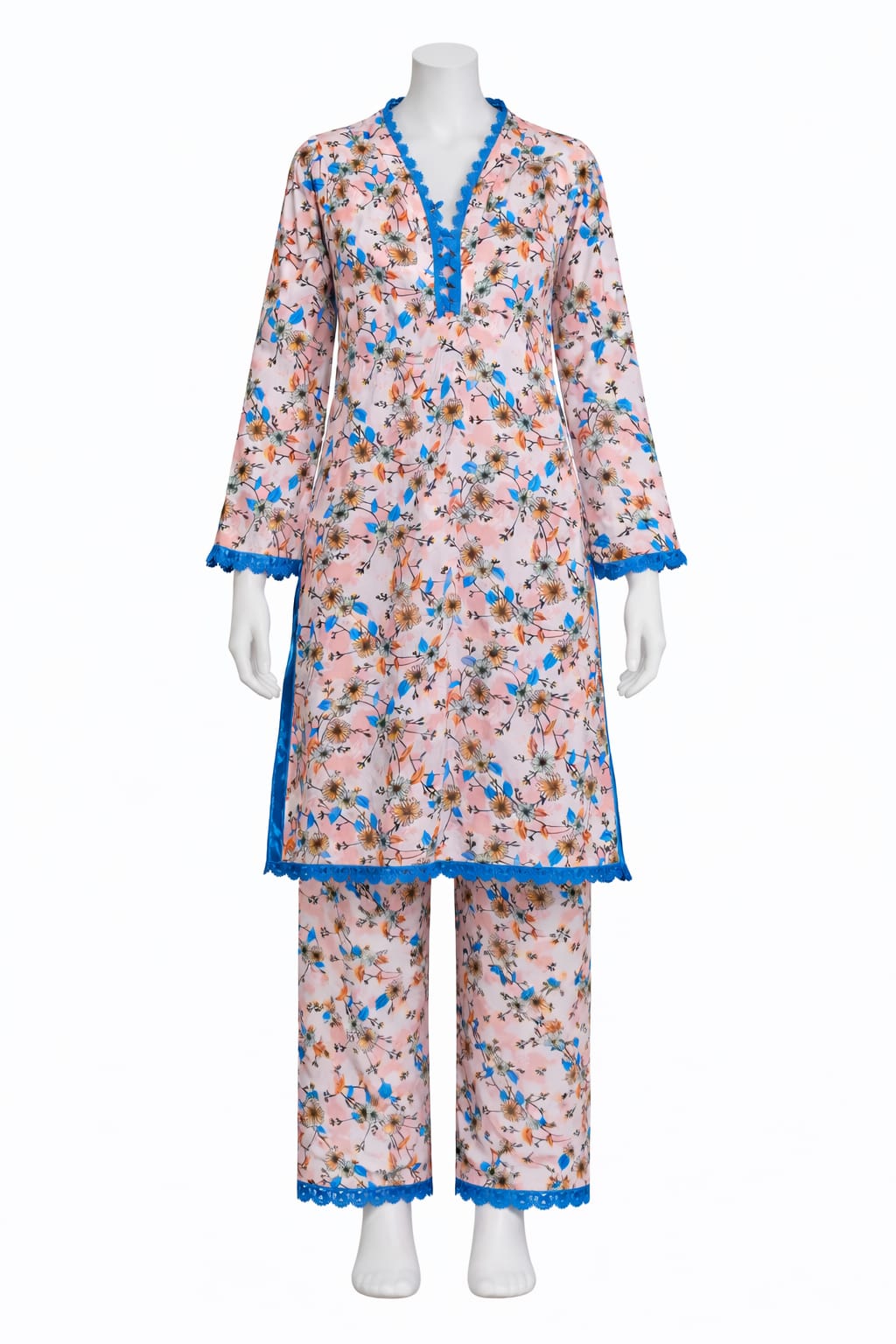 Pink Floral Printed Kurta Trouser Set with Lace Stitching – Mehlish Fashion Summer Collection