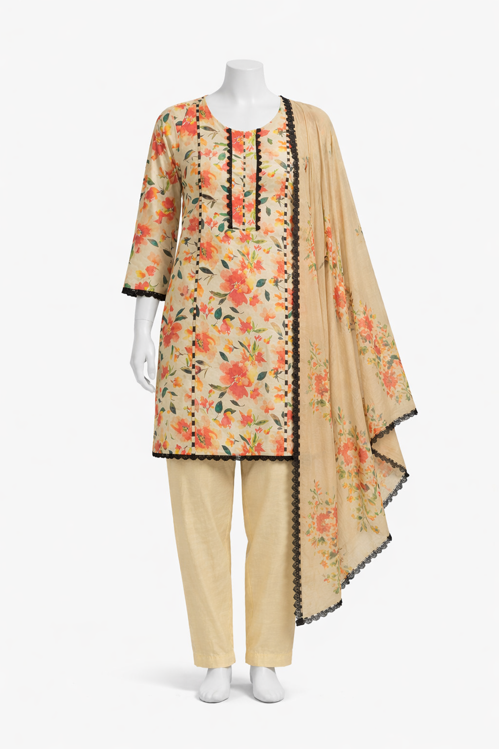 Elegant Floral Printed 3-Piece Suit with Lace Stitching – Mehlish Fashion Brand