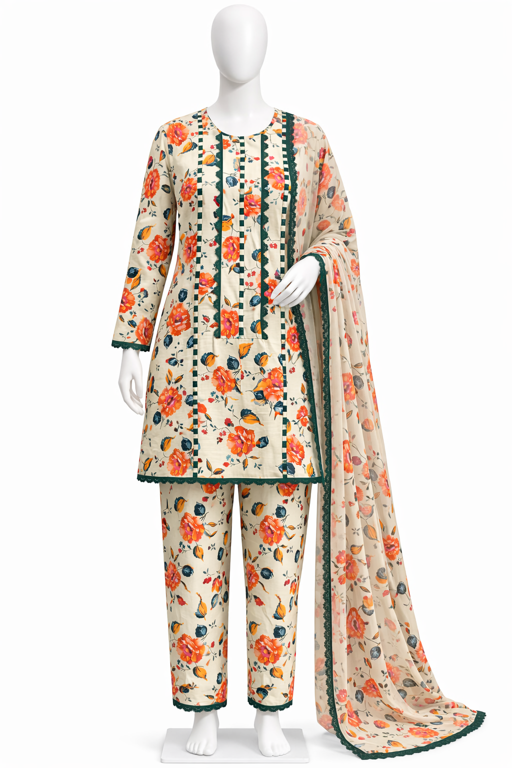 Elegant Floral Panel Stitched 3-Piece Suit with Lace Detailing – Mehlish Fashion Brand