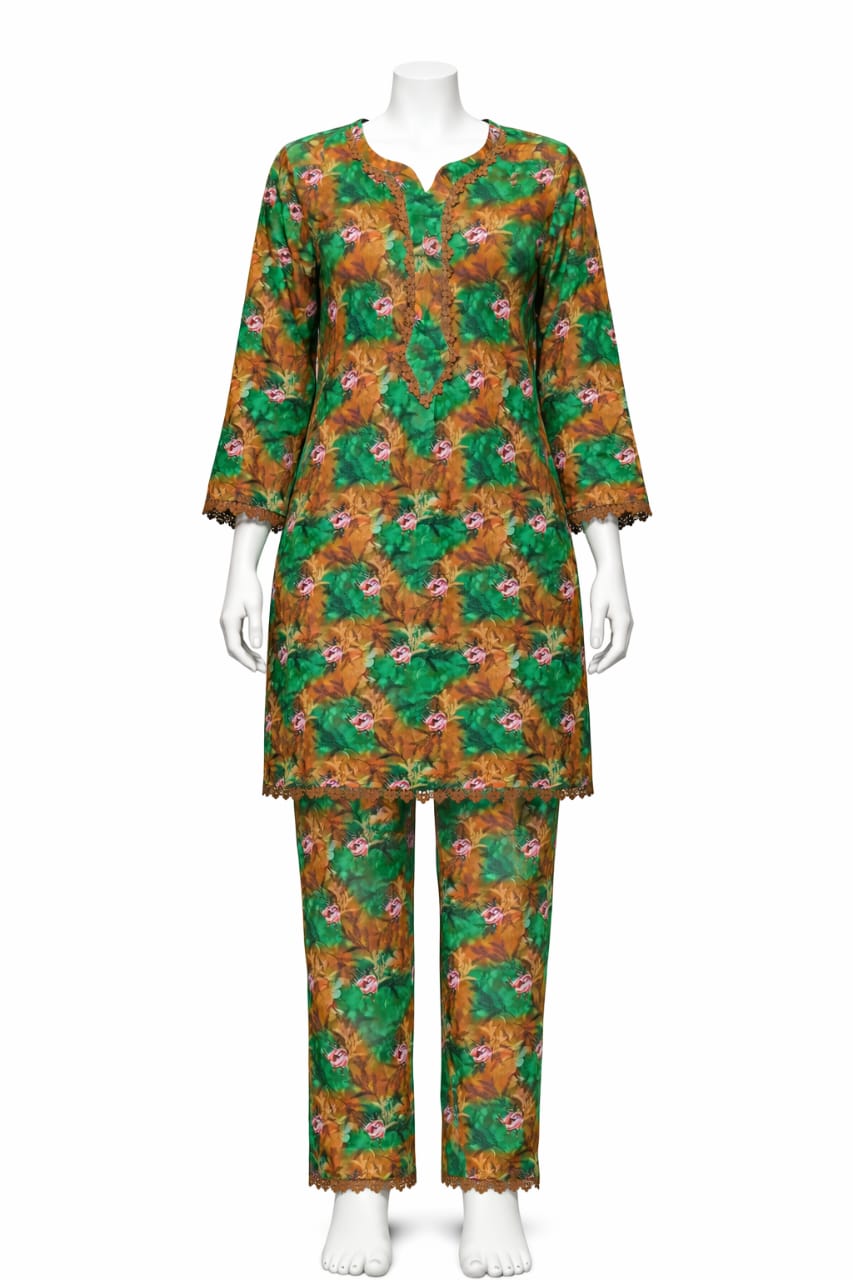 Green & Mustard Printed Shirt with Trouser Mehlish Fashion Green Floral Printed Lawn 2 Piece Suit – Stylish Lace Sleeve Kurti with Straight Trouser