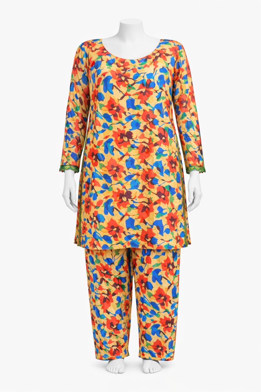 Mehlish Fashion Yellow Multicolor Floral Printed 2 Piece Suit – Elegant Casual Kurti with Trouser