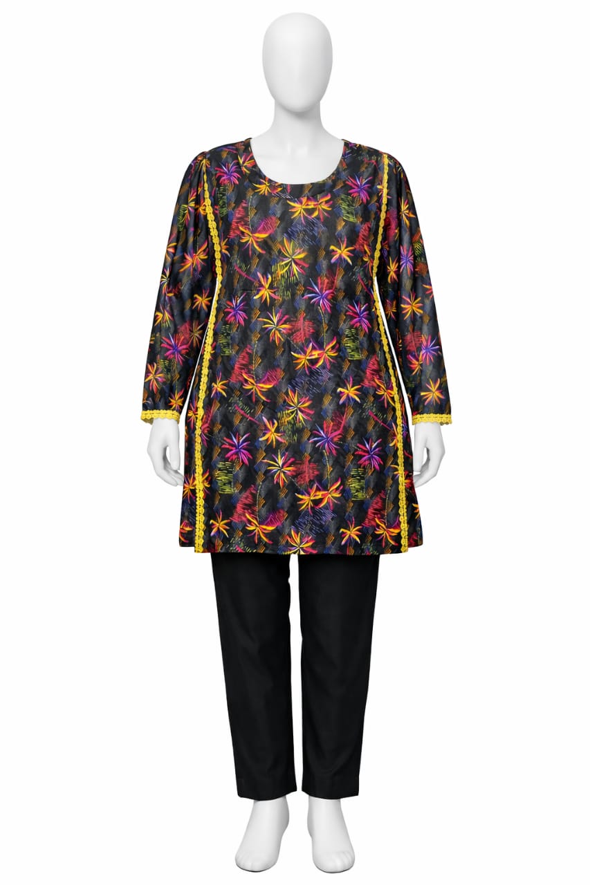 Mehlish Fashion Black Printed Kurti – Stylish Lace Side Panel Design with Straight Trouser