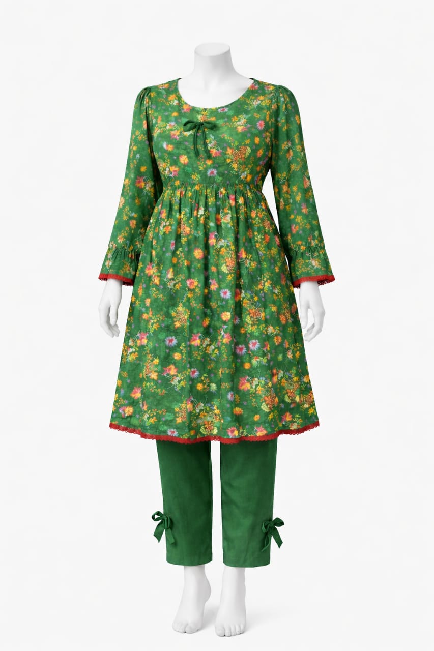 Elegant Green Floral Frock Style Stitching Dress – Mehlish Fashion