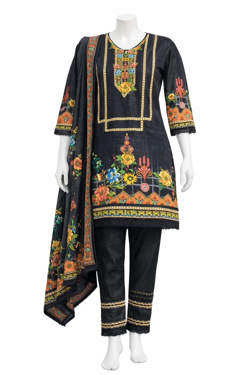 Luxury Black Printed Lawn Suit with Dupatta – Mehlish Fashion