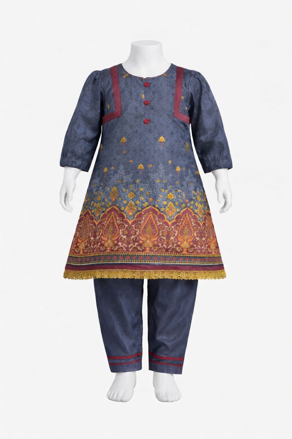 Mehlish Fashion Floral Printed Kurti with Lace Finish & Gathered Sleeves – Elegant Casual Wear