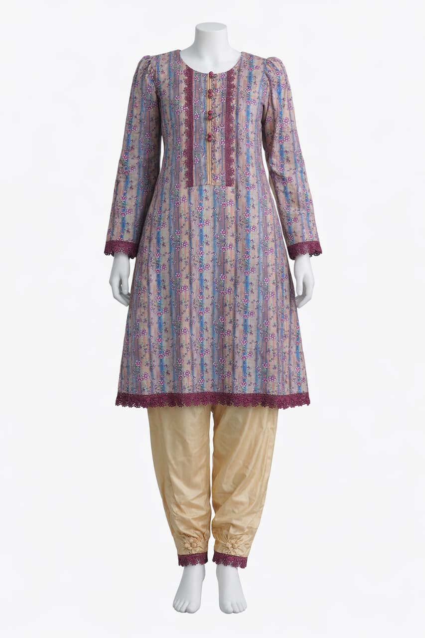 Mehlish Fashion Printed A-Line Kurti with Contrast Panels & Designer Border – Stylish Ethnic Set